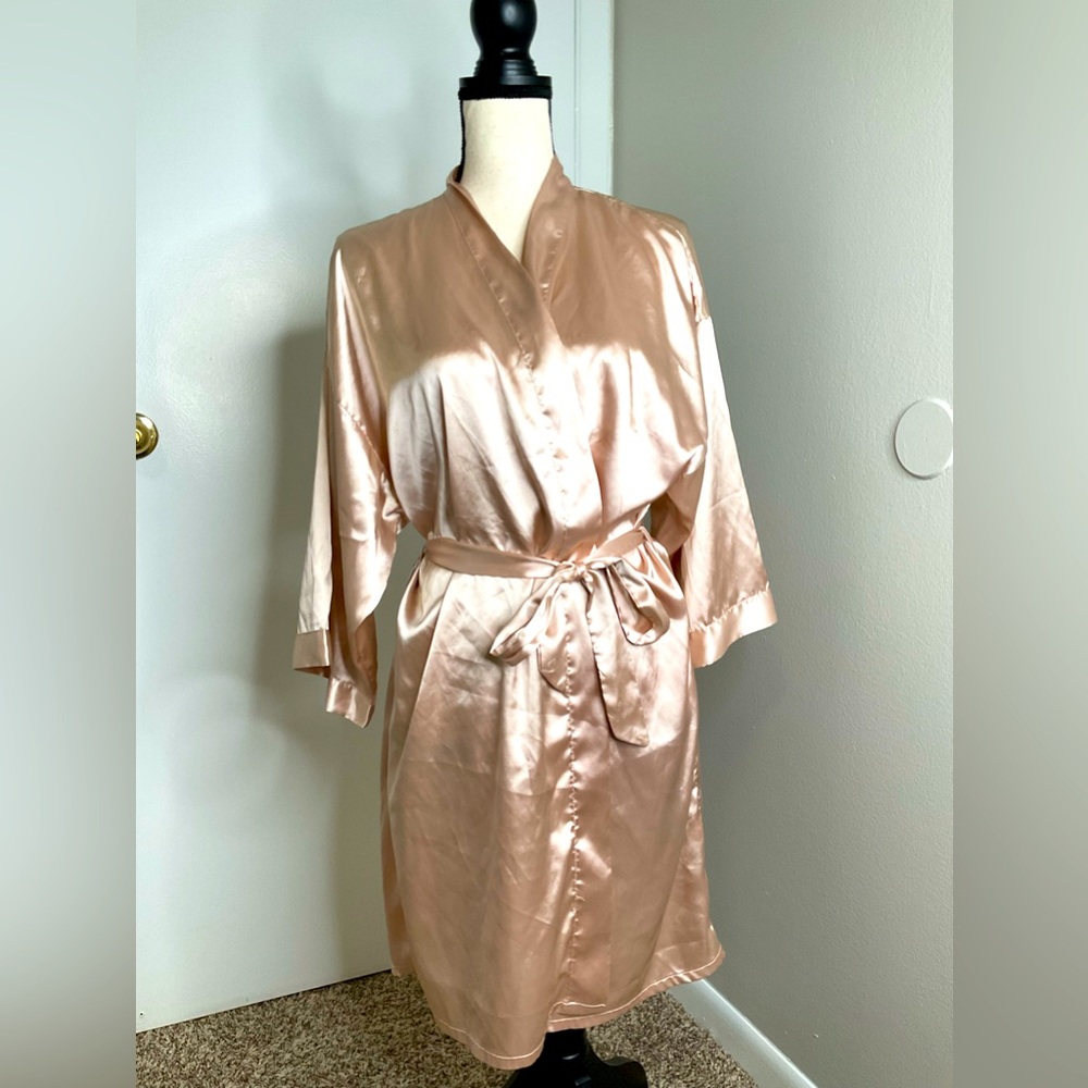 EUC Bride’s Silky Robe, Rose Gold w/black embroidered letters on back, One Size